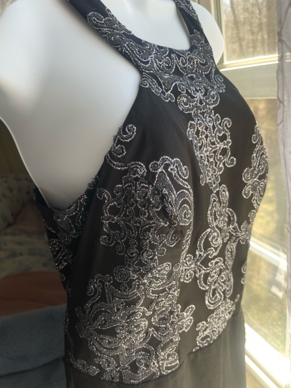 Black size 9  Evening Halter one piece dress suit with Silver Embroidery
